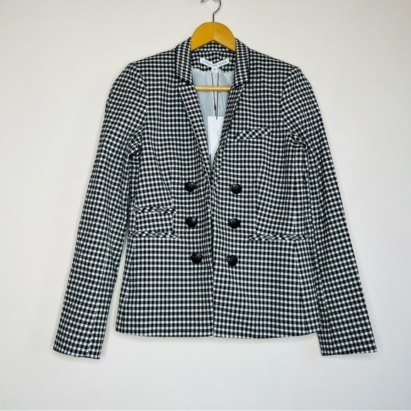 Veronica Beard Cottage Gingham Large Lapel Blazer in Black / White - Picture 5 of 16